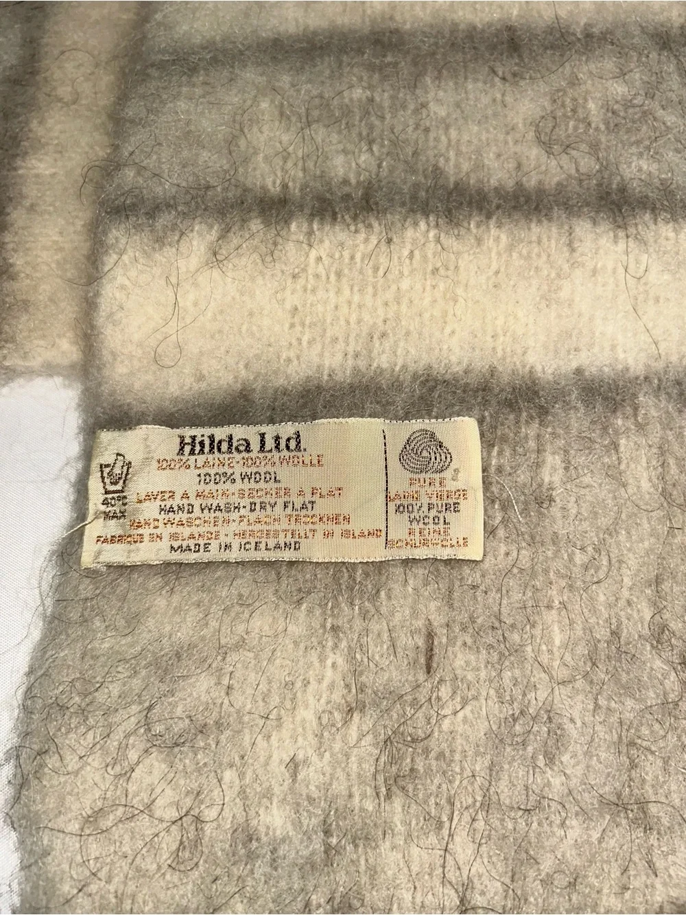 Vintage Hilda Wool Scarf Iceland Tan Cream Gray Heather Iceland 9.5” x 58”